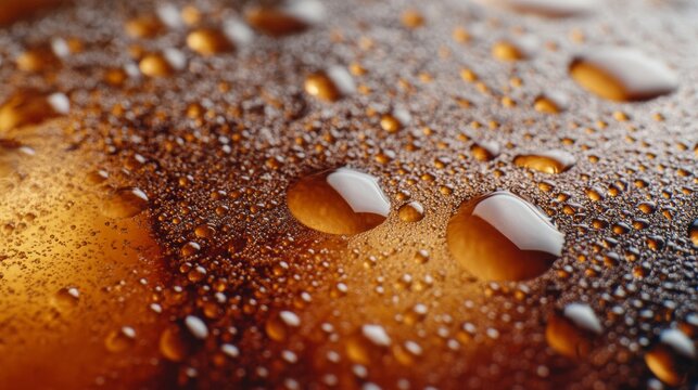 Extreme close-up of iced cola with fizzing bubbles and condensation droplets on glass photorealistic texture, super macro shot 