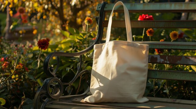 Tote bag mockup concept image with a blank tote bag sitting outside in a park on sunny day for the large sturdy cloth unfastened bag with parallel handles with copy space