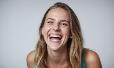 A woman with long, brown hair laughs at the camera in front of a light blue background