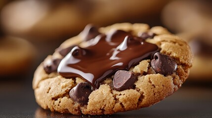 Hyper-realistic close-up of a chocolate chip cookie with melted chocolate oozing from its center detailed texture, super macro shot 