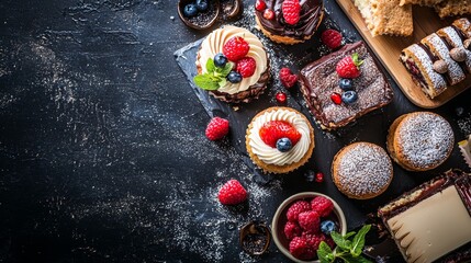 Assorted pastries and desserts with berries on a dark surface