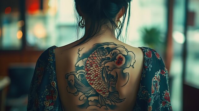 Back view of woman with colorful koi fish tattoo on back
