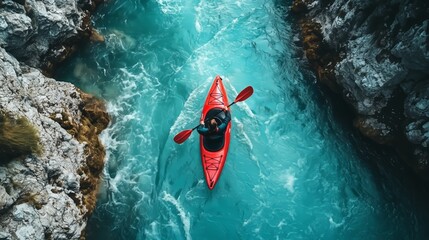 Business Leadership Concept: Navigating Challenges in Red Kayak Through Narrow Rocky Waters