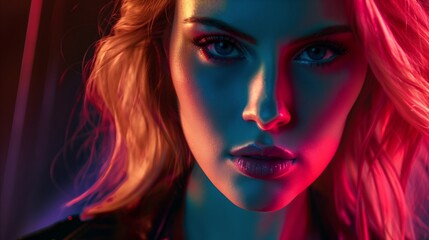 Fototapeta premium Woman looking serious with blonde hair. Cinematic portrait bathed with vibrant neon lights. Perfect for art print, poster, cover, book illustration and advertising