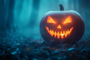 Naklejka premium Halloween pumpkin with glowing eyes