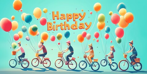 Obraz premium Colorful birthday parade with friends riding bikes and holding balloons, illustrated in a lively, hand-drawn style, perfect for a fun and festive celebration, copy space, selective focus