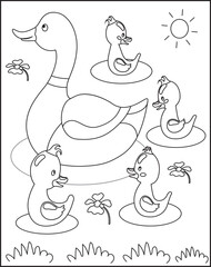 A mother duck leads her ducklings across a quaint bridge over a stream, capturing a heartwarming moment for coloring enthusiasts.