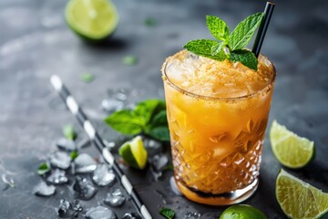 A glass of a drink with a lime and mint garnish on a table,generative ai image