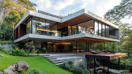 Fototapeta premium Modern Architecture House with Large Windows and Landscaped Yard