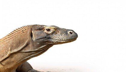 Obraz premium Komodo dragon monitor lizard - Varanus komodoensis - is a member of the family Varanidae that is endemic to the Indonesian islands of Komodo, Rinca, Flores, and Gili Motang head shot isolated on white
