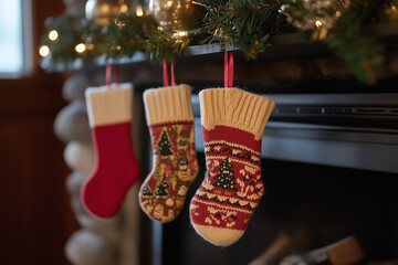 A pair of mittens hanging on a hook by the fireplace, with stockings in the background.