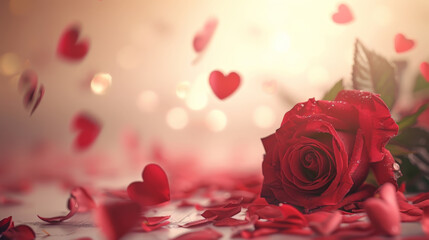 Romantic Red Rose with Falling Hearts