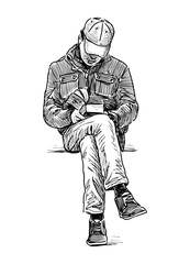 Sketch of young man, student sitting and reading book outdoors, realistic hand drawing, vector illustration