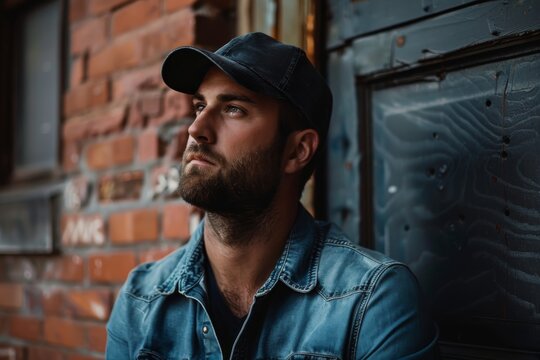 Portrait of a young handsome trendy man wearing a cap of blue jeans color