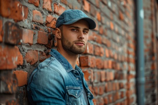 Portrait of a young handsome trendy man wearing a cap of blue jeans color