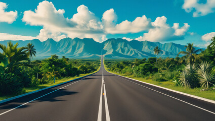 Fototapeta premium Endless road leading into lush tropical mountains under a bright sky