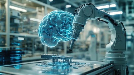 A microchip brain integrated into a robotic arm in a high-tech manufacturing facility, showcasing automation and precision in modern production processes.