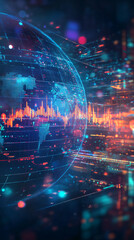 Fototapeta premium Futuristic global communication and technology represented by abstract digital world rotating with data around it