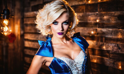 Naklejka premium A woman with blonde curls wears a blue dress and looks directly at the camera