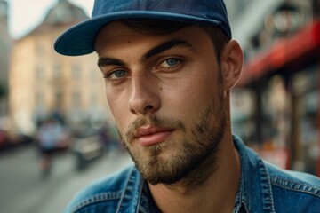 Portrait of a young handsome trendy man wearing a cap of blue jeans color