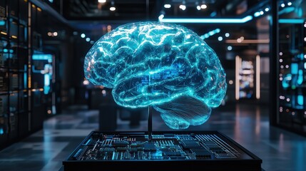 Obraz premium A glowing microchip brain model on display in a digital gallery, emphasizing the art of technology and innovation in modern science.