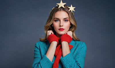 Fototapeta premium A woman wearing a blue sweater and red gloves poses for a portrait against a blue backdrop