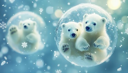 Obraz premium Chubby Polar Bear Cubs in Snowy Bubble Scene