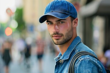 Portrait of a young handsome trendy man wearing a cap of blue jeans color