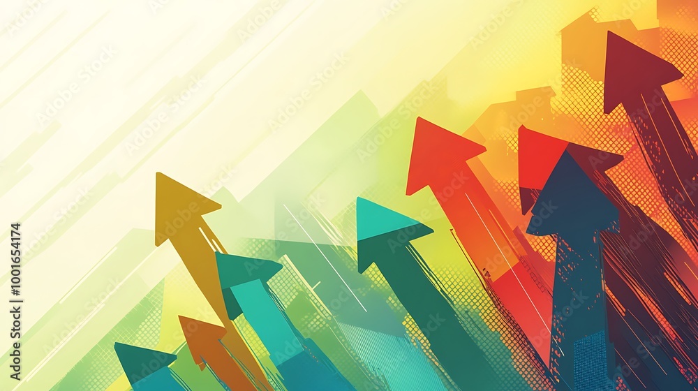 Poster abstract background of colorful arrows pointing upwards, symbolizing growth, success, and progress.