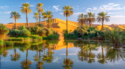 Obraz premium Beautiful Desert Oasis at Sunrise with Palm Trees and Reflecting Water Concept of serene nature, peaceful morning, and desert tranquility