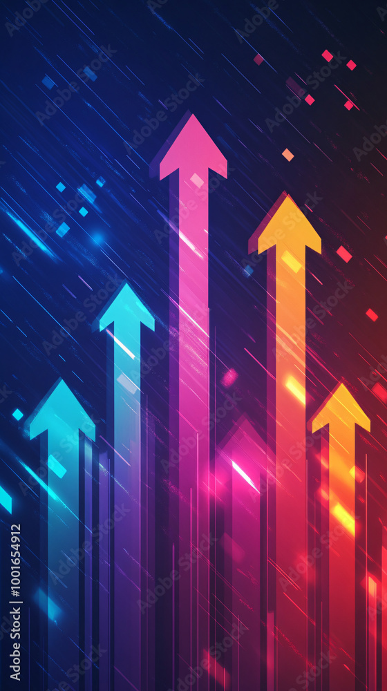 Poster colorful glowing arrows pointing up on a dark background with light trails representing growth, succ