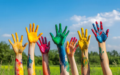  Colorful Painted Hands Raised in Outdoor Field