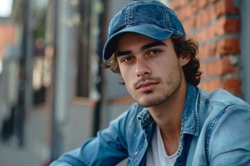 Portrait of a young handsome trendy man wearing a cap of blue jeans color