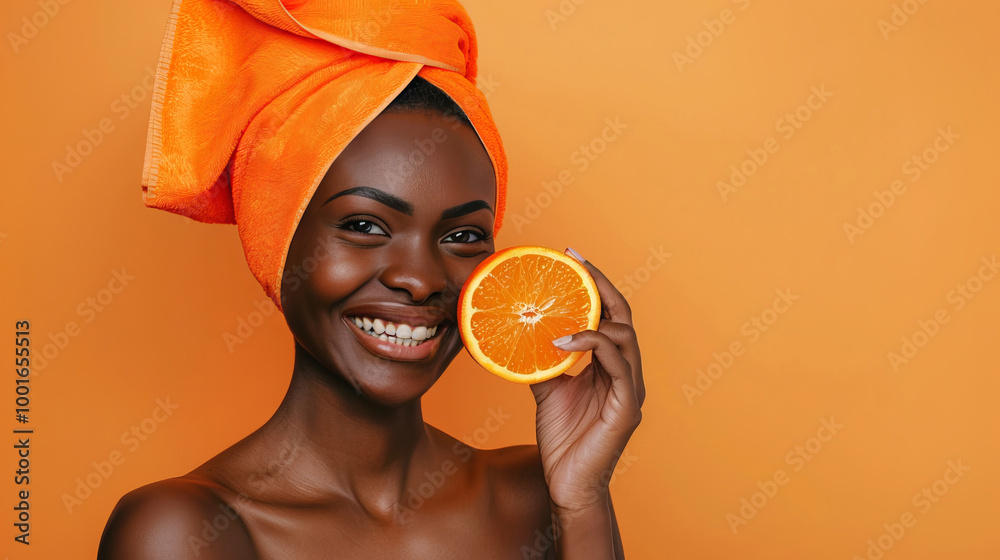 Wall mural smiling african american woman with towel on head holding orange slice. concept of natural beauty, s