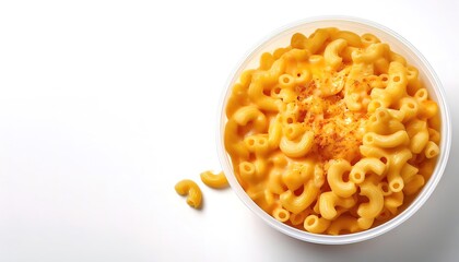 Macaroni Mac and cheese usually with cheddar sauce cheese is usually put in a casserole and baked in the oven or prepared in a sauce pan on top of the stove or using a packaged mix. Isolated on white