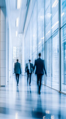 Corporate professionals in formal attire swiftly move through a sleek office hallway, causing a blur effect