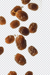 Obraz premium Falling Raisins in mid air on a transparent background. AI generated
