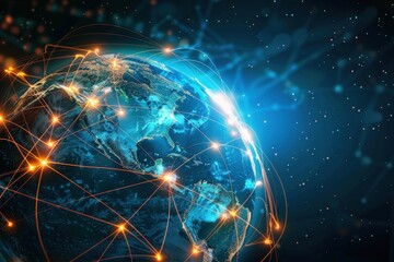 A glowing globe with a network of lines and dots surrounding it, generative ai image