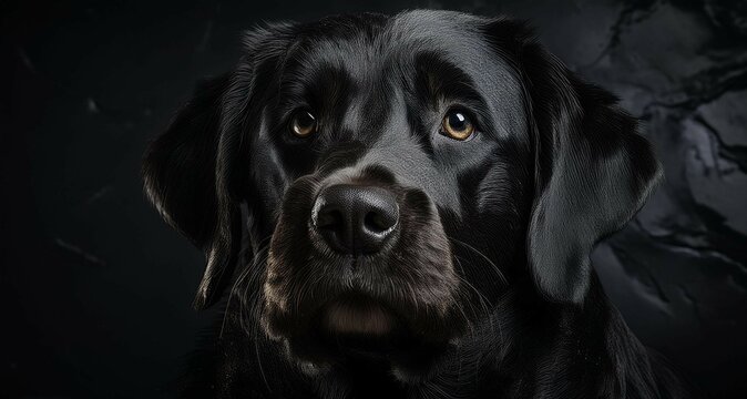 Perro de pelaje negro brillante y sedoso con mirada tierna sobre un fondo oscuro