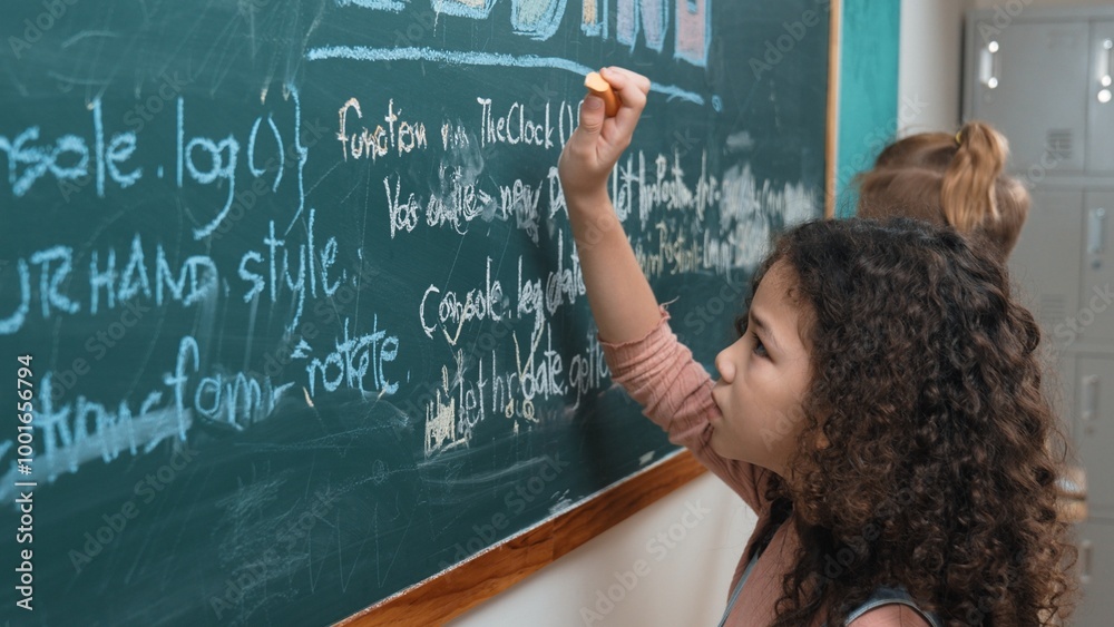 Poster american student studying coding engineering prompt while writing answer on blackboard. intelligence