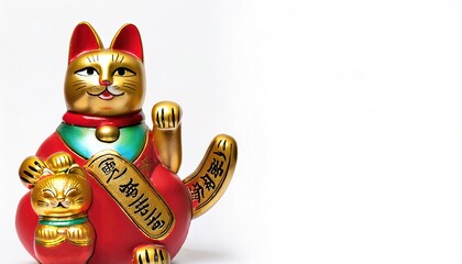 maneki neko meaning beckoning, is a common Japanese figurine which is often believed to bring good luck to the owner. usually made of ceramic or plastic and has one paw raised.  Isolated on white