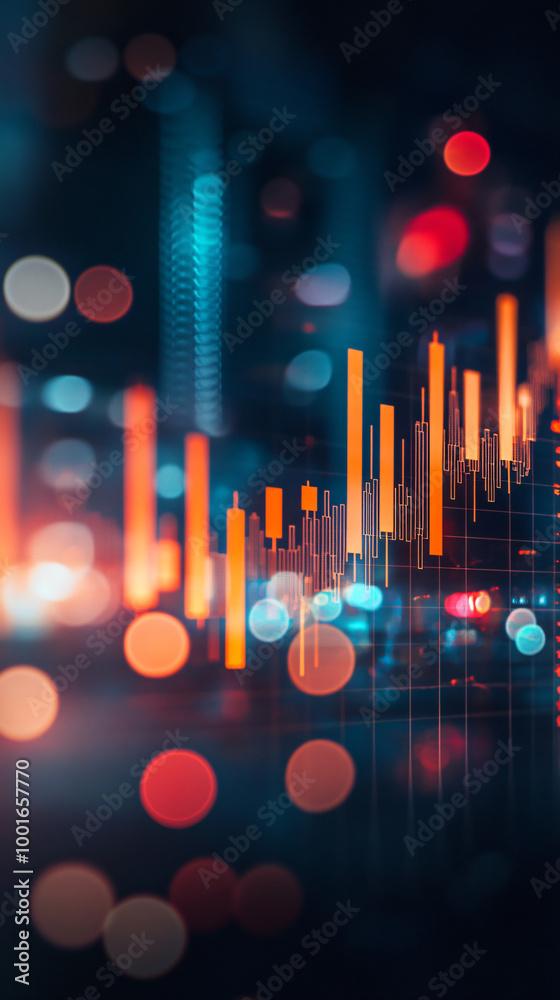 Poster abstract financial chart showing growing indicators and a defocused city lights background