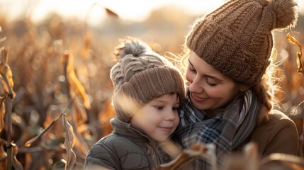 Obraz premium Mother and her child navigating through a tall corn maze, laughing as they try to find their way out on a crisp autumn afternoon , woman and kid Autumn Corn Maze Adventure concept image
