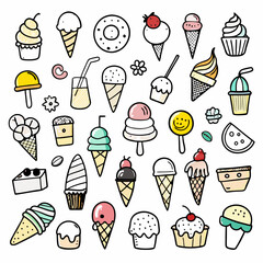 A cheerful and colorful collection of hand-drawn ice cream cones, cupcakes, popsicles, and other summer treats. Perfect for adding a touch of fun and whimsy to your designs.