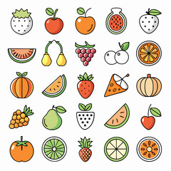 A set of 28 colorful fruit icons, featuring popular fruits such as watermelon, strawberries, grapes, oranges, and pears, perfect for adding a touch of vibrancy to your designs.