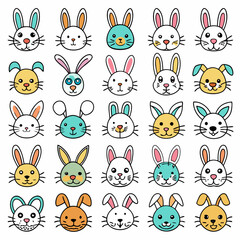 A collection of 25 cute and colorful bunny rabbit faces, perfect for adding a touch of whimsy to your designs. These adorable illustrations are ideal for kids' products, Easter projects.