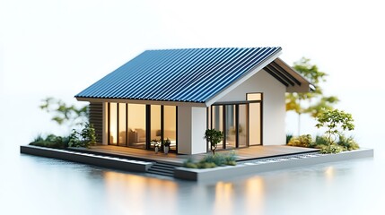 Modern house with a blue roof and large windows. Concept of home, real estate, architecture, and design