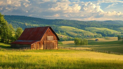 Fototapeta premium Rustic barn surrounded by picturesque landscape