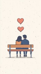 A couple sits closely on a bench, sharing a warm moment with a heart gently hovering above them