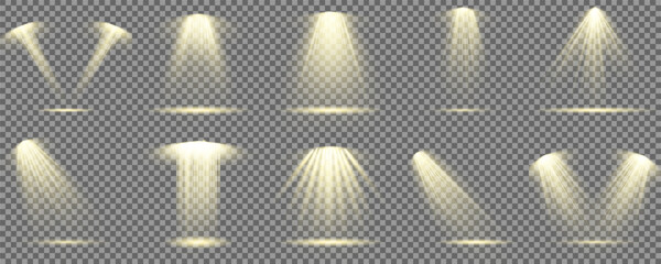 Set of Spotlight isolated on transparent background. Light effect with gold rays. Light sources, concert lighting, stage spotlights. Shine vertical theater projector beam template for design. Vector.